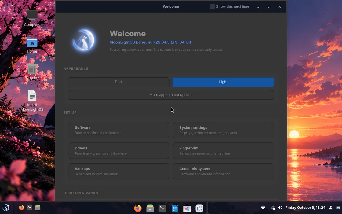 The MoonLightOS desktop: a single panel at the bottom, icons on the desktop, the Welcome window in the centre and a sunset wallpaper